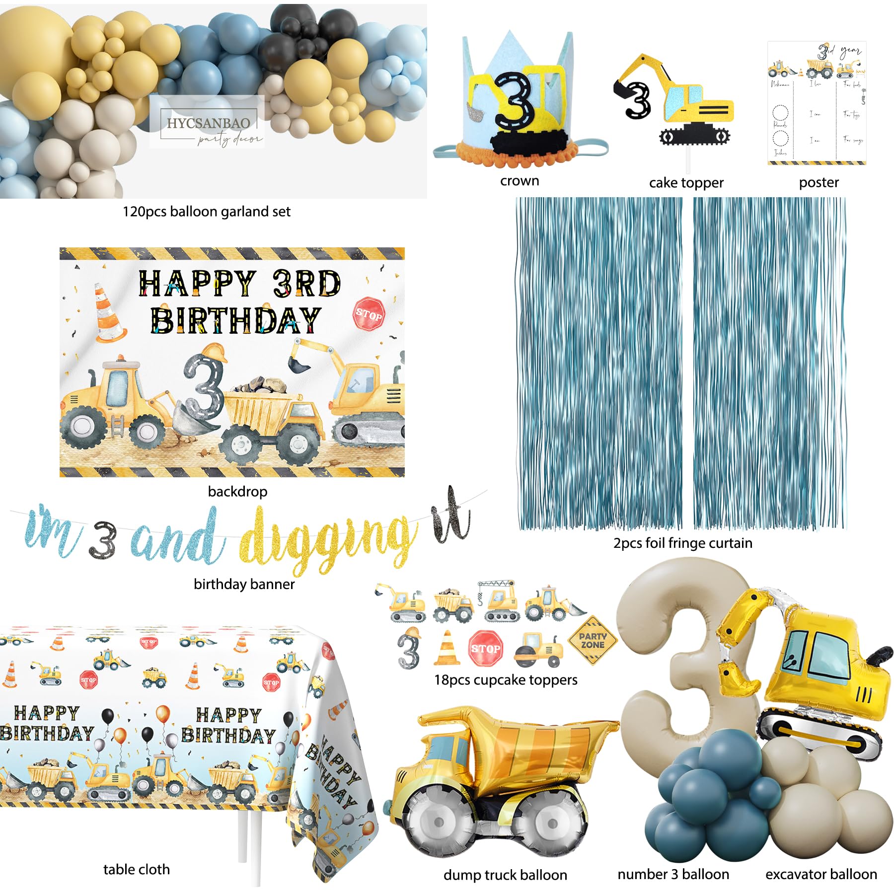 HYCSANBAO balloon garland featuring construction colors, easy setup for a festive centerpiece