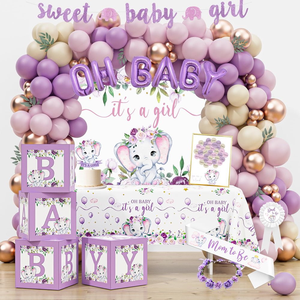 HYCSANBAO elephant baby shower backdrop with pink purple theme for a girl.