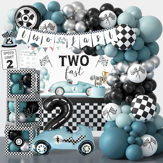 HYCSANBAO Two Fast Backdrop frames the race car party with a bold wall focal point.