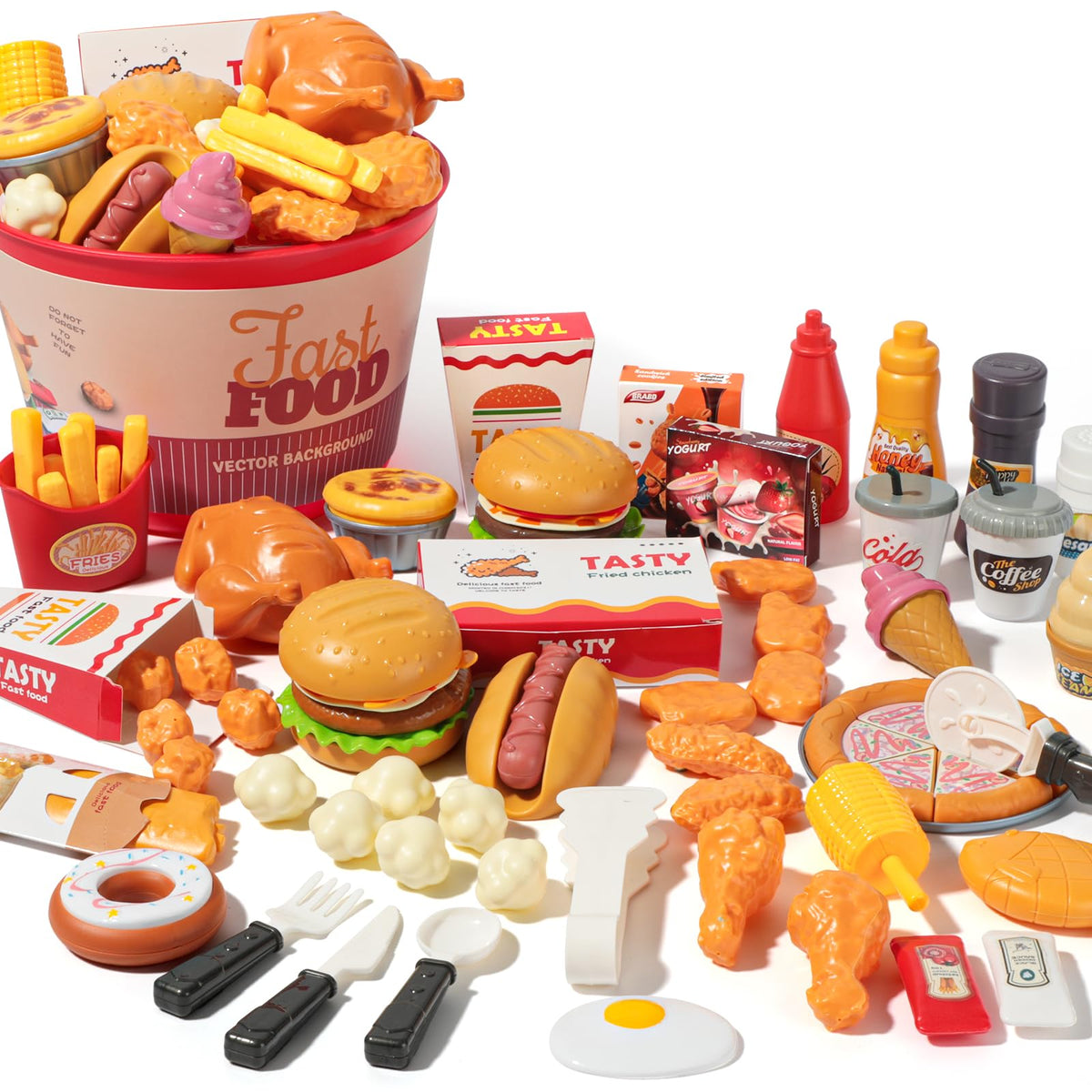 Hydeem 80-pcs pretend play food with storage bucket supports organized playtime.