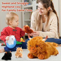 HyDren Highland Cow plush with back zipper, keeps four babies neatly stored.