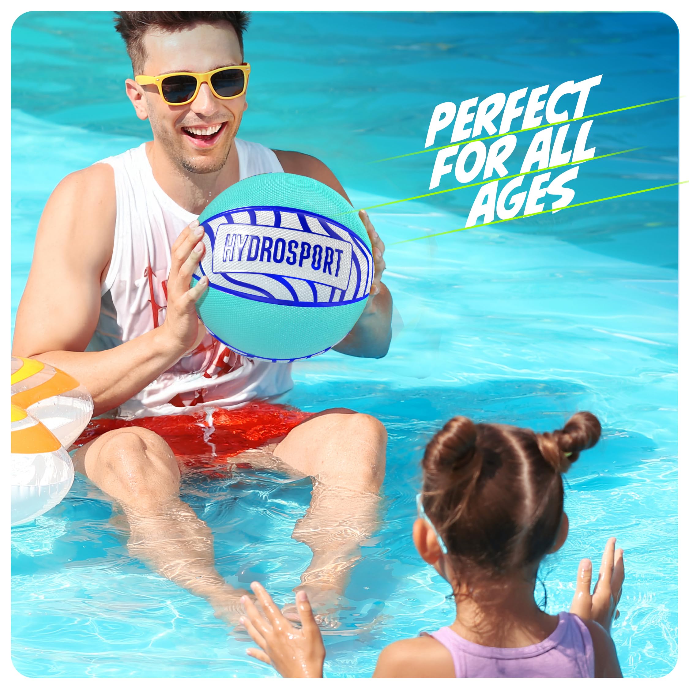 HydroSport family-friendly setup shows kids with teens and adults enjoying pool basketball.