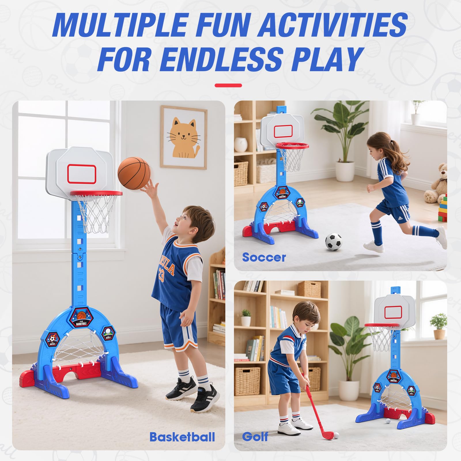 HYES 3-in-1 sports center boosts motor skills with basketball.