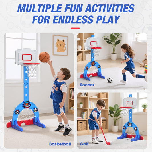 HYES 3-in-1 sports center boosts motor skills with basketball.
