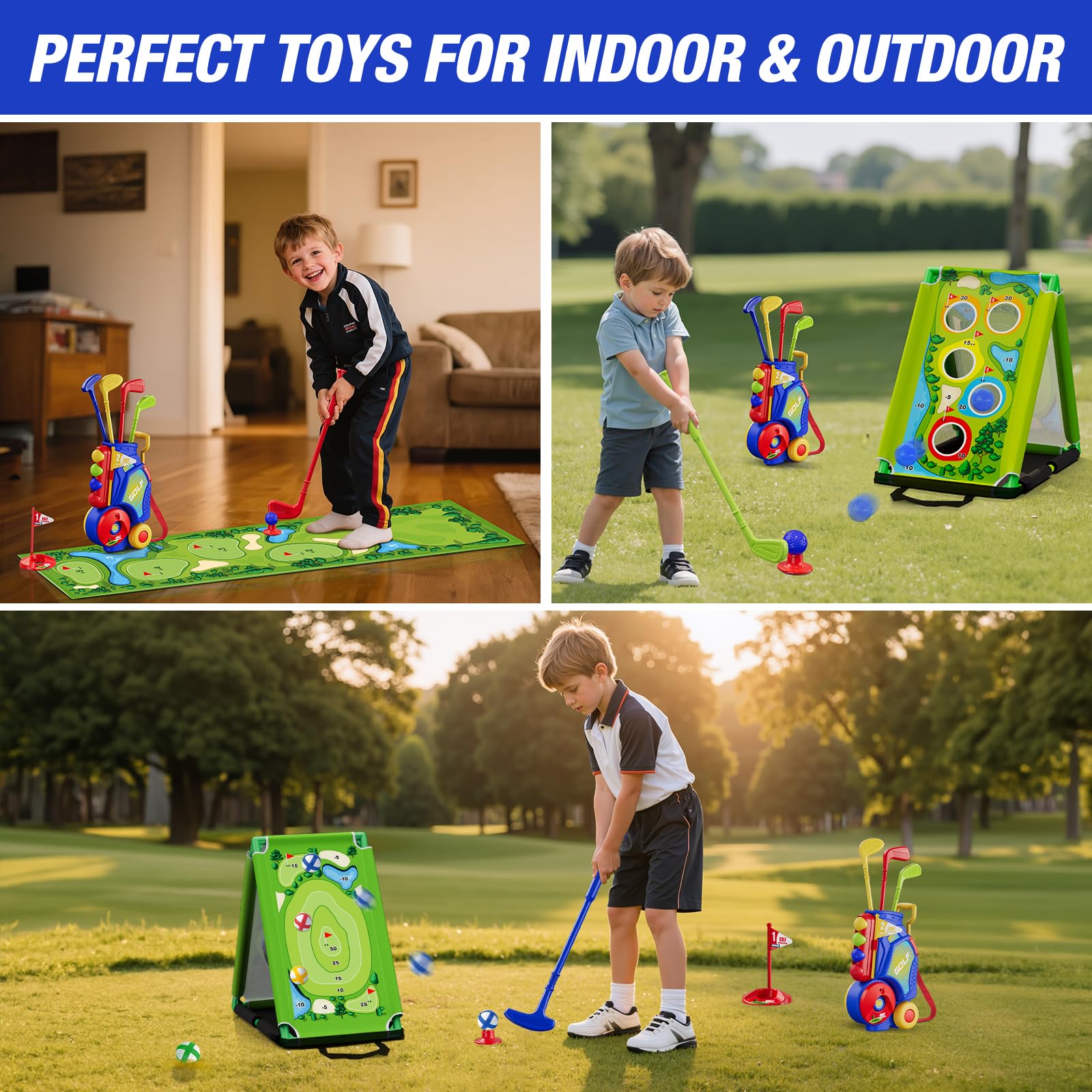HYES putting mat with obstacles for indoor play.