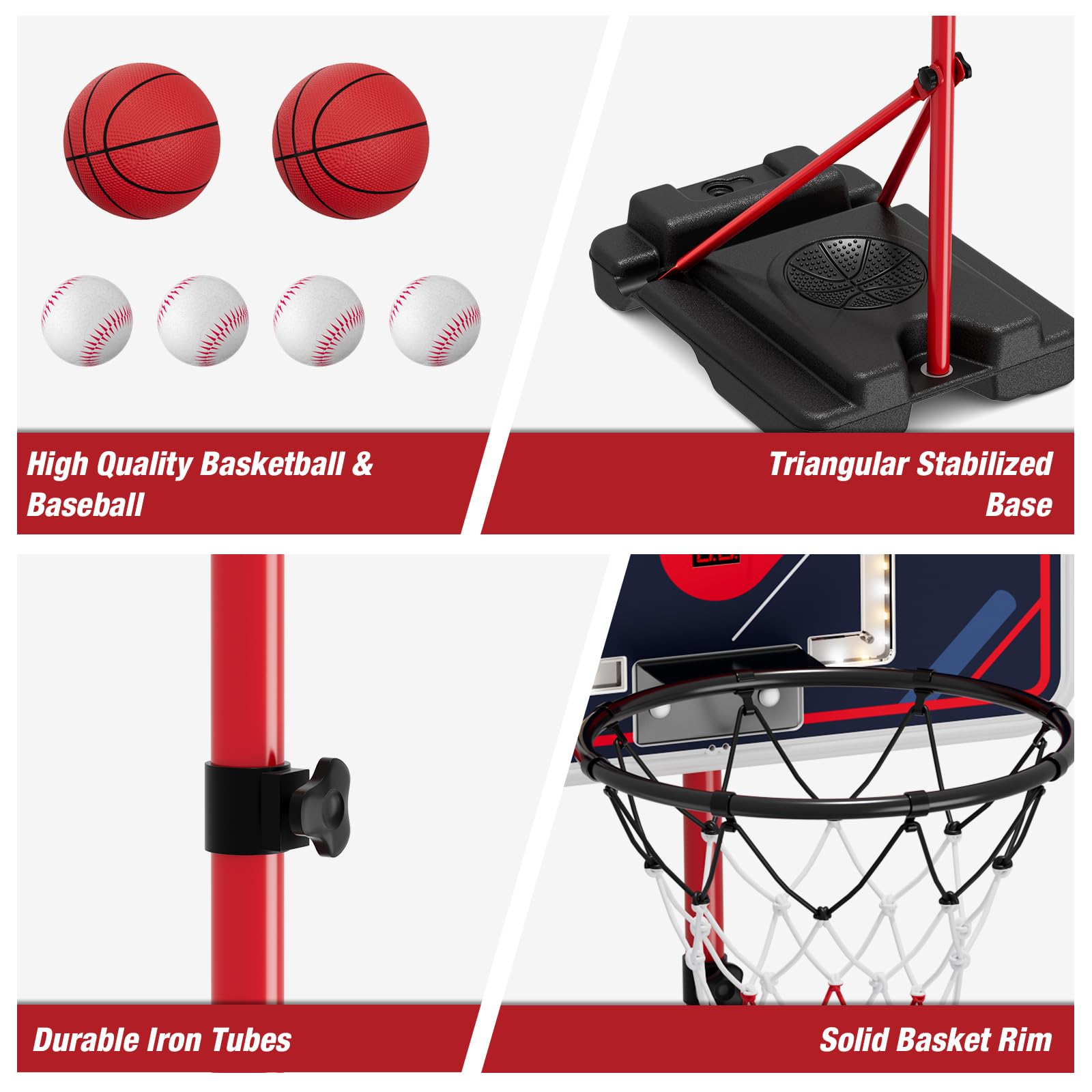 HYES adjustable-height system shows 72.4-inch hoop, 52.8-inch stand, 55.1-inch tee.