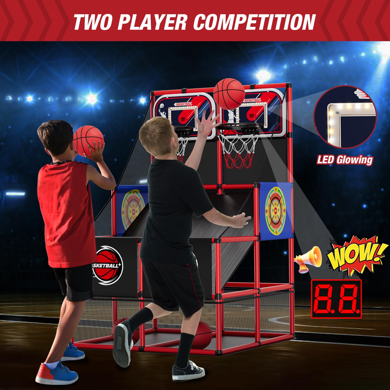 HYES arcade basketball action showing points and competitive play at home