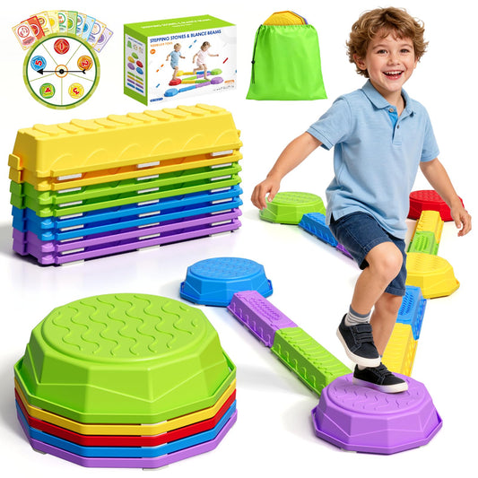 HYES Balance Beams Stepping Stones set boosts balance and color recognition during play.