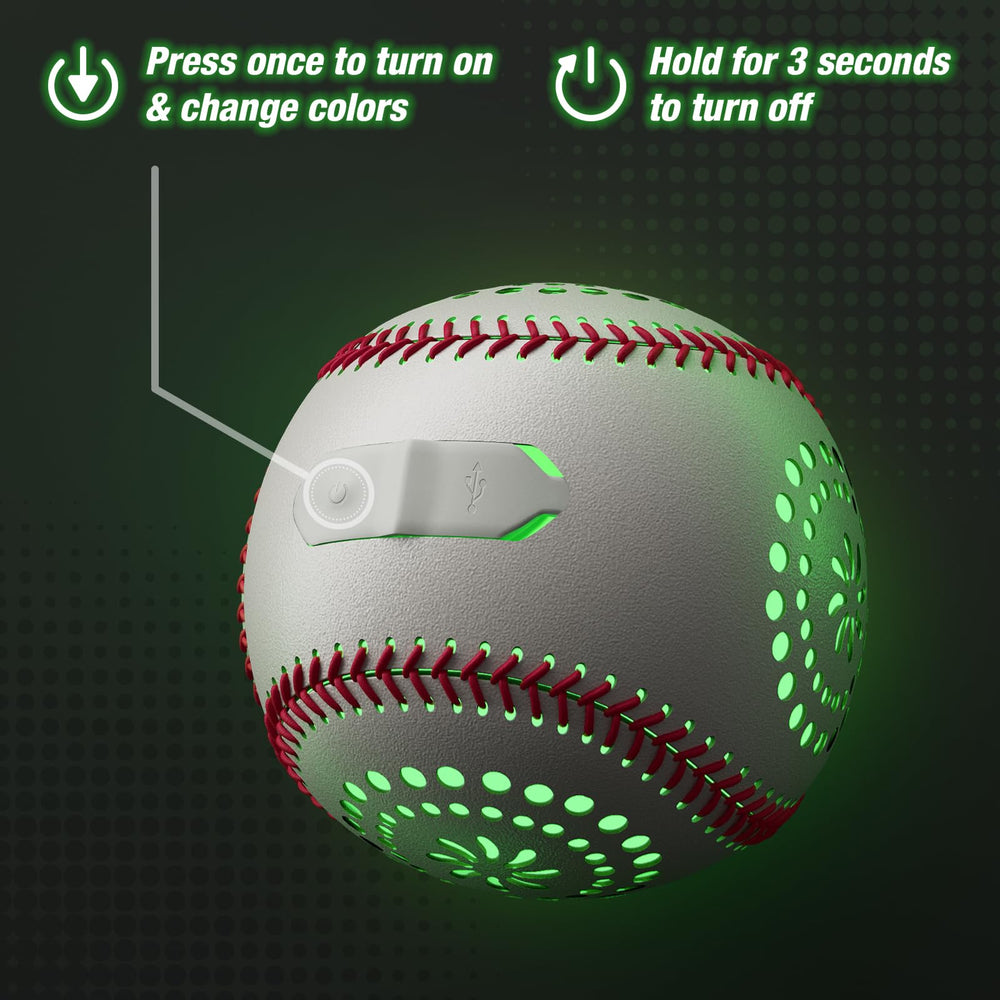 HYES glow baseball features reinforced stitching for long-lasting use.