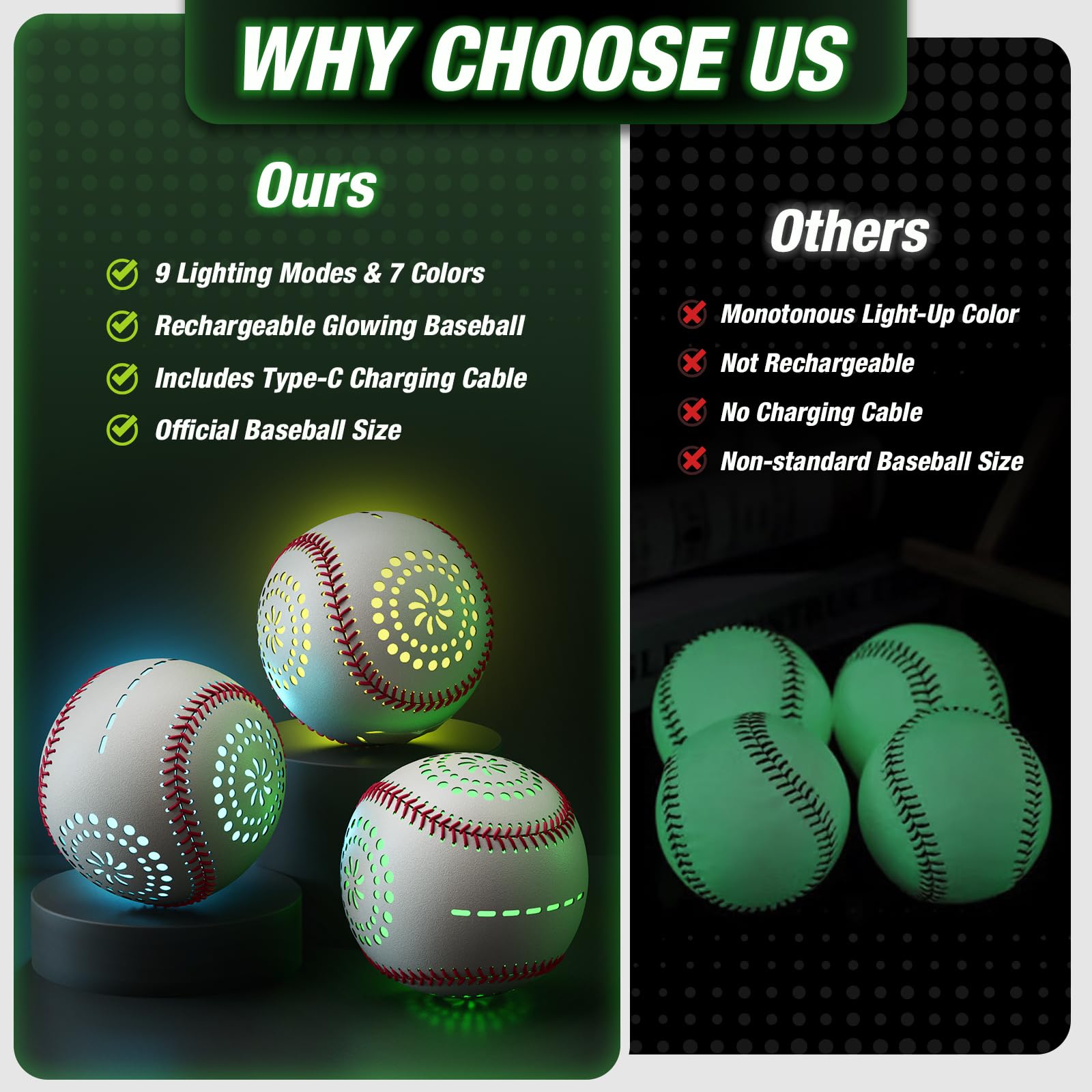 HYES glow baseball with USB-C charging port for quick recharging.