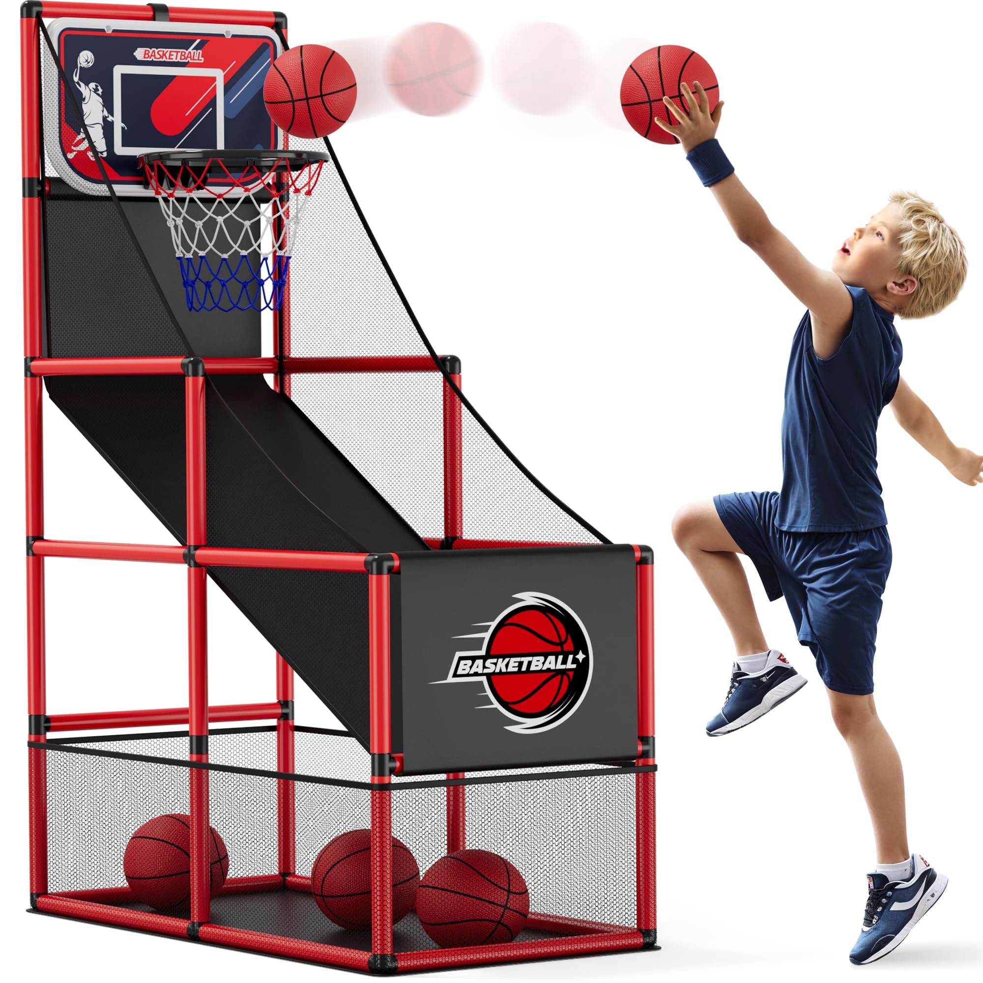HYES basketball arcade set with rim and net ready for quick start family games.