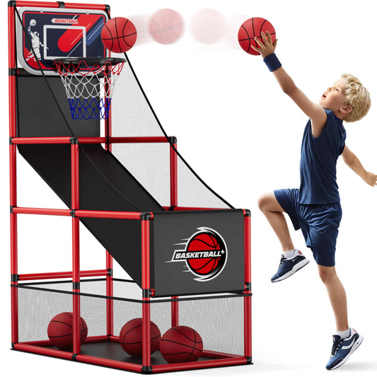 HYES basketball arcade set with rim and net ready for quick start family games.