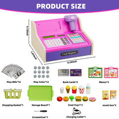 HYES set includes scanner, bills, coins, menus, and food toys for rich pretend shopping