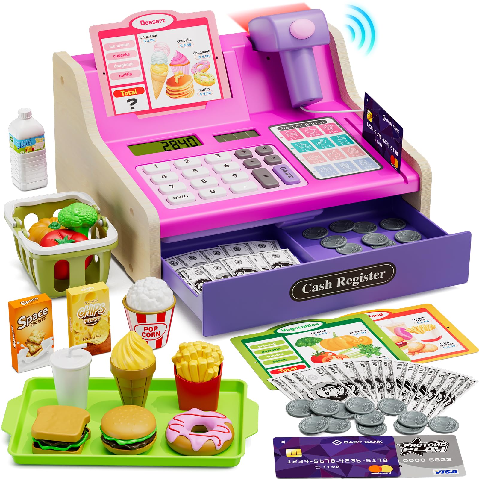 HYES pink cash register for kids with fast food theme, inviting imaginative role play and interaction
