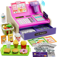 HYES pink cash register for kids with fast food theme, inviting imaginative role play and interaction