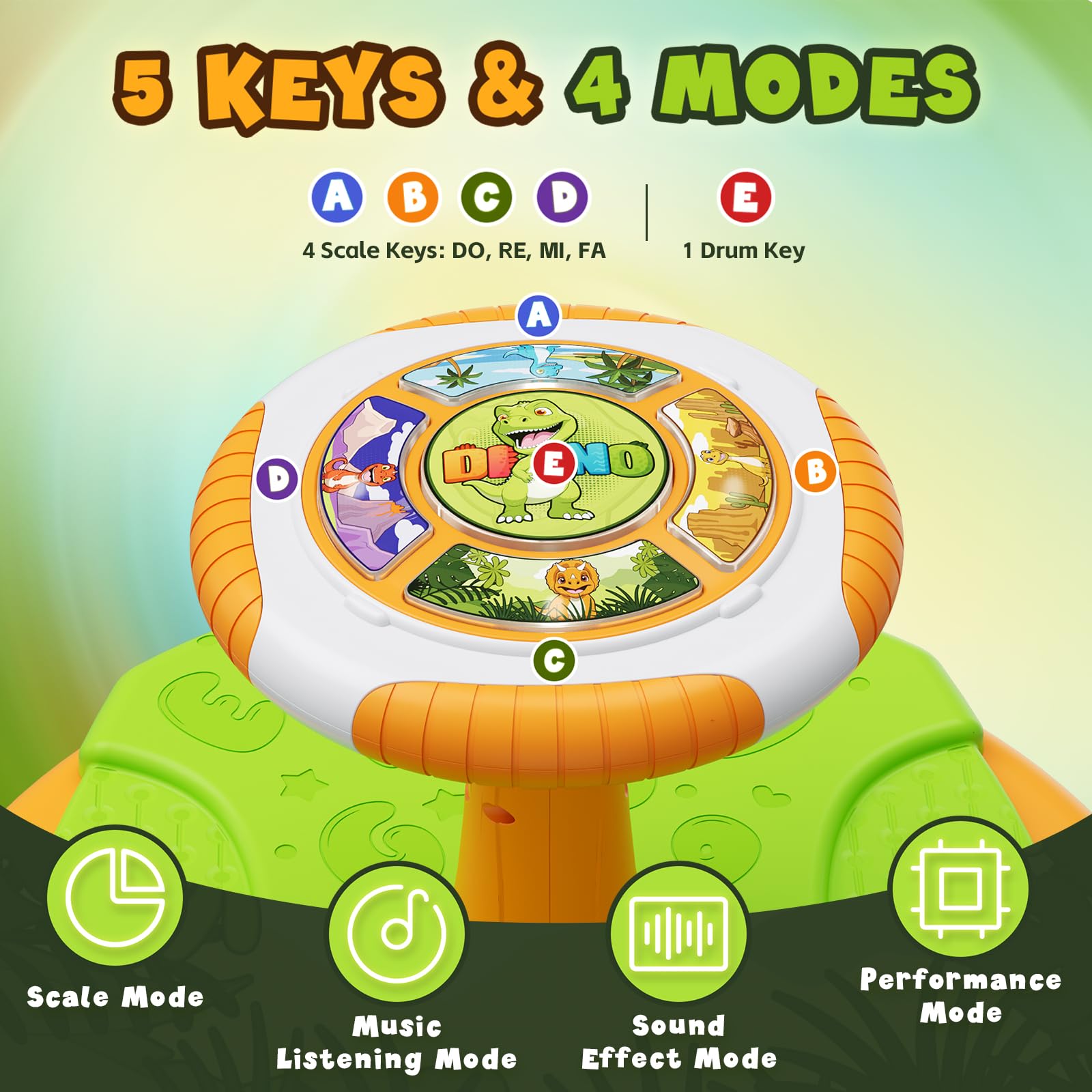 HYES Dinosaur toy music modes help toddlers explore rhythm.