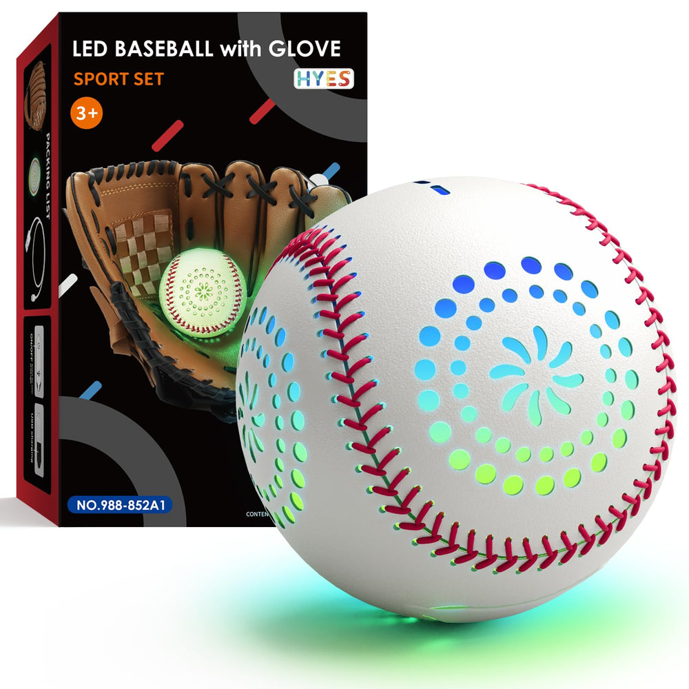HYES Kids glow baseball glove light up in hand for easy catching.