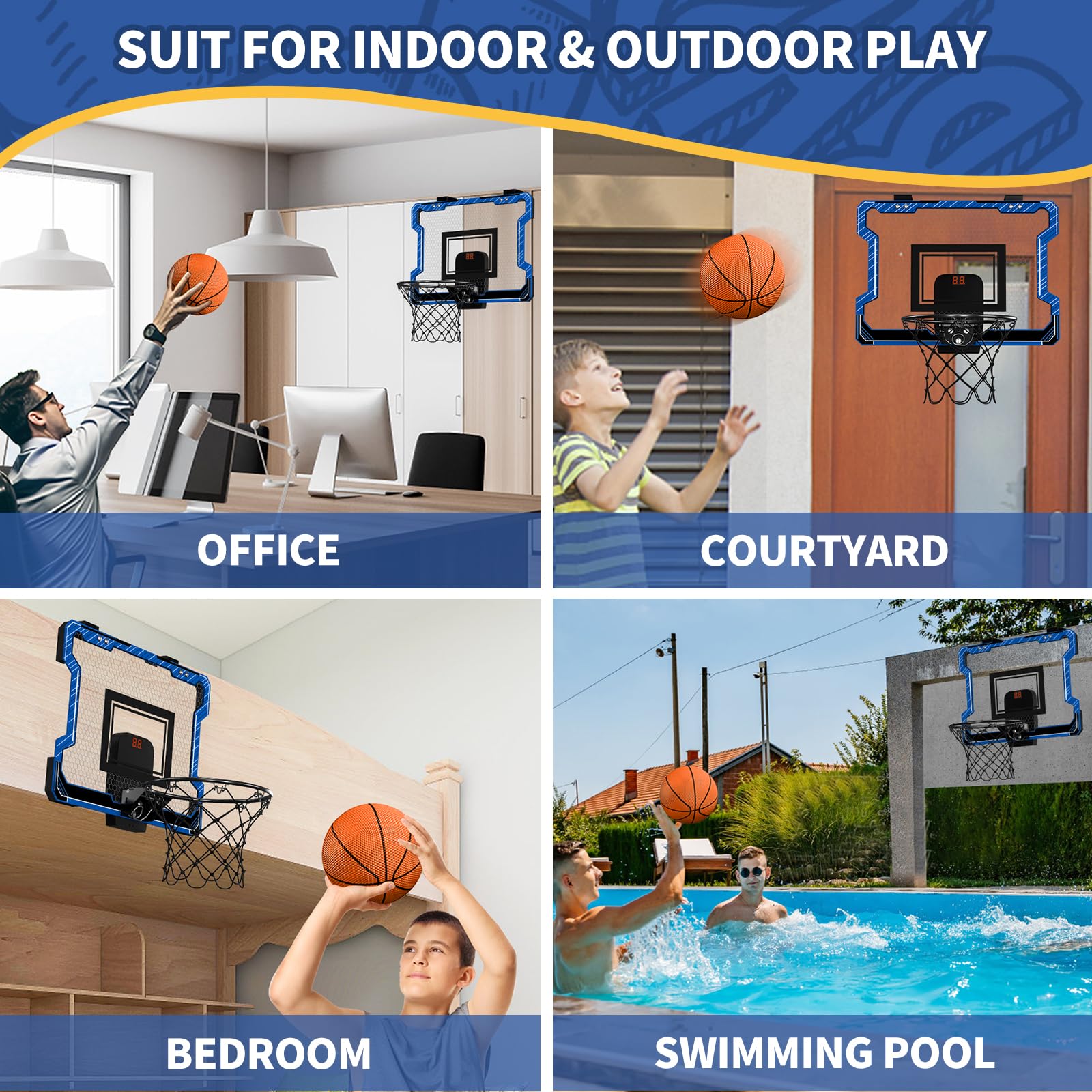 HYES mini hoop dunk rim: spring-loaded 60° angle for realistic play.