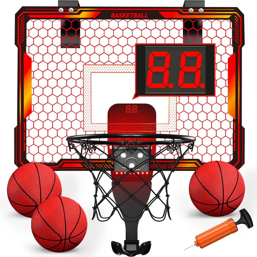 HYES mini basketball hoop over-door backboard with LED lights for immersive play.