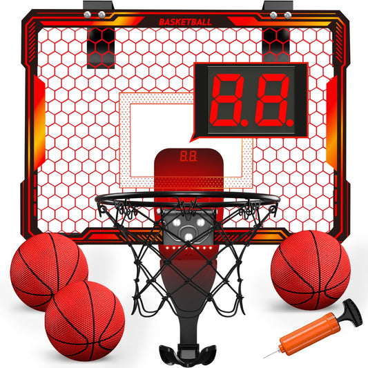 HYES mini basketball hoop over-door backboard with LED lights for immersive play.