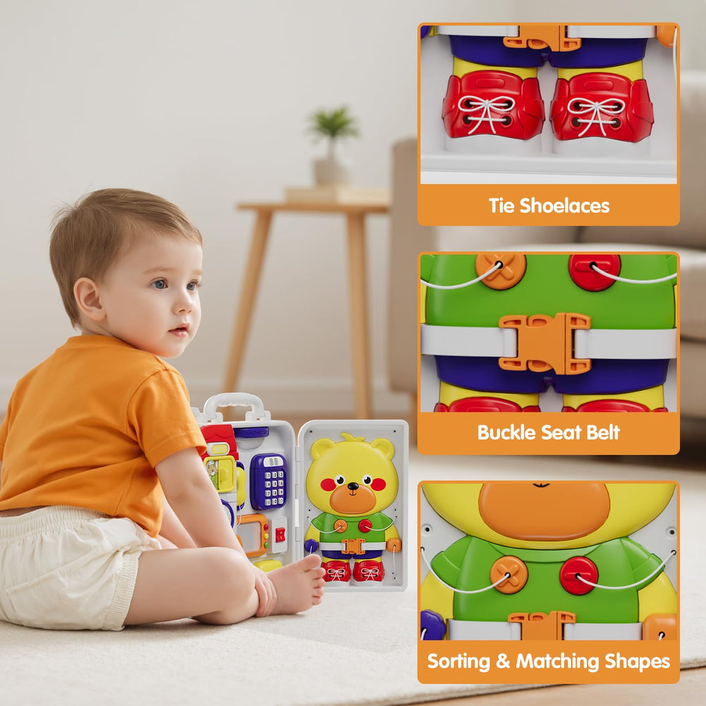 HYES Montessori Busy Board belt-buckling panel builds self-help skills