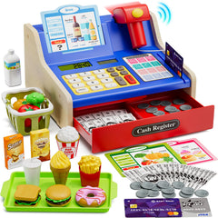 HYES rechargeable wooden cash register blue front view supports imaginative play and role-play learning