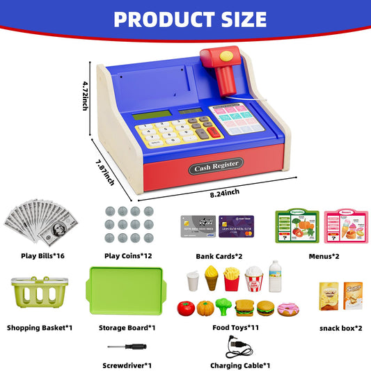 HYES wooden cash register with LED scanner showcases realistic checkout experience for kids