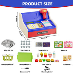 HYES wooden cash register with LED scanner showcases realistic checkout experience for kids