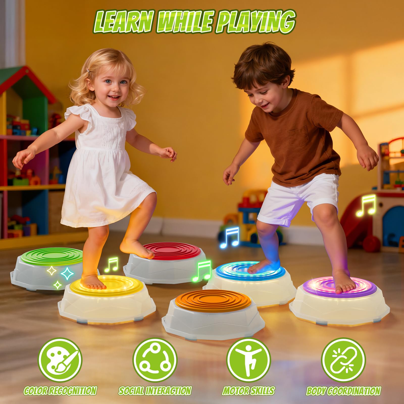 HYES spinner and color cards enable interactive family play.