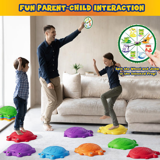 HYES stepping stones with activity cards and a spinner for family play.