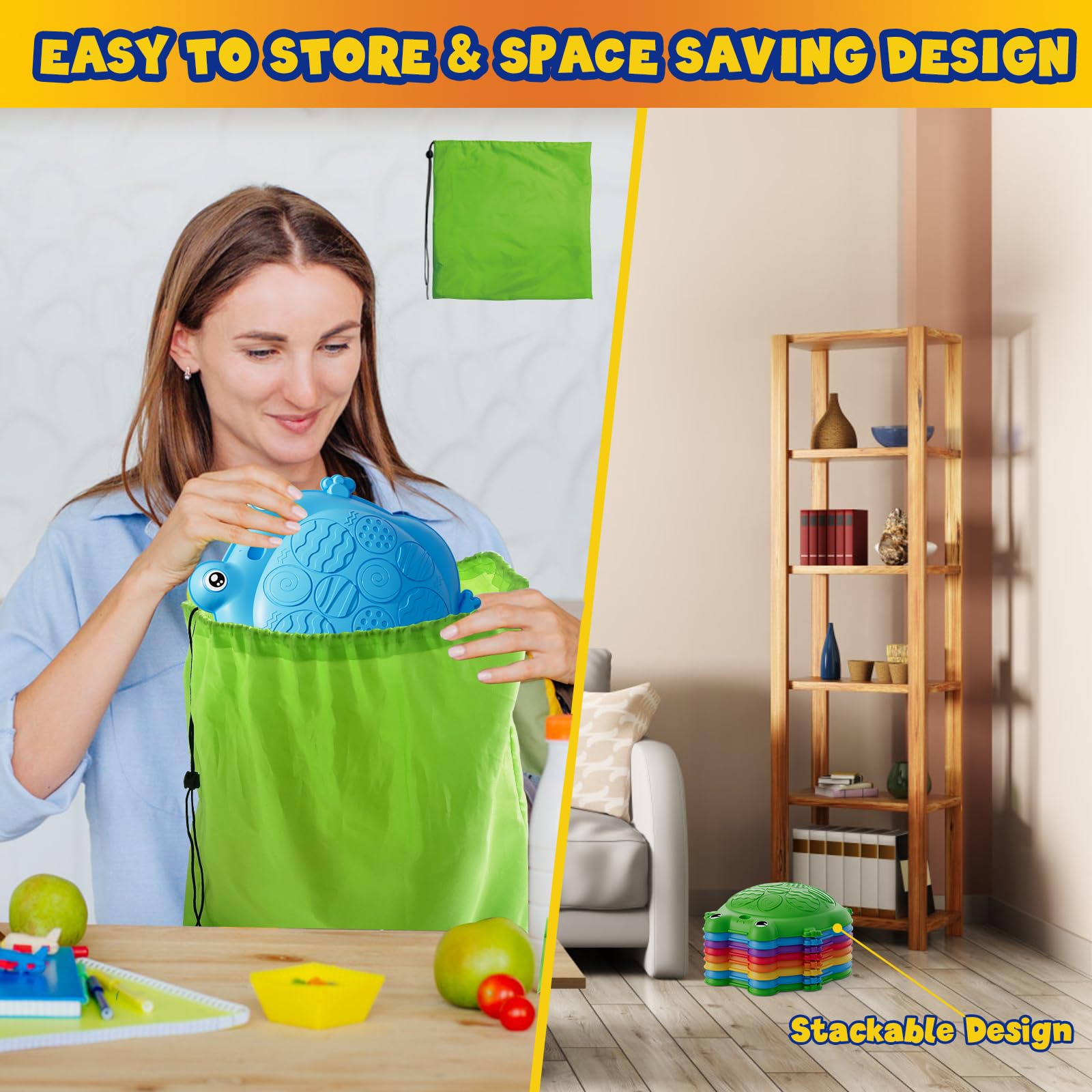HYES stepping stones colorful set supports color recognition during playtime.