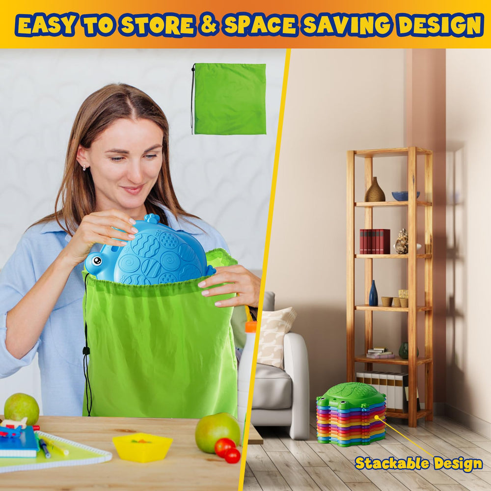 HYES frog-design stepping stones stack neatly for compact storage.