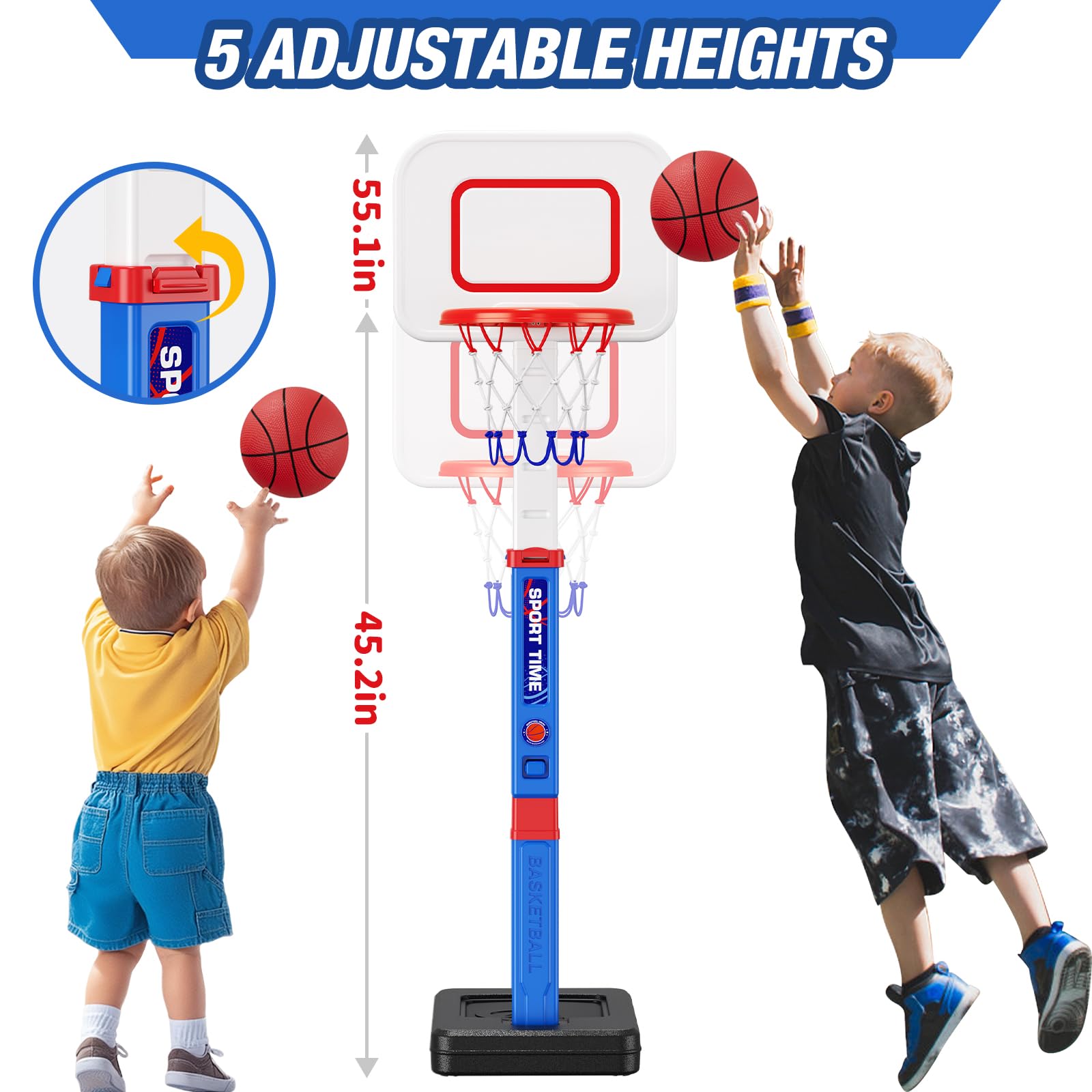 HYES toddler hoop includes four balls and a pump for quick, frustration-free setup.