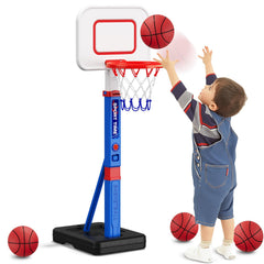HYES toddler basketball hoop with height adjustment for growing kids; easy indoor or outdoor play.