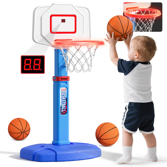 HYES toddler basketball hoop with LED rim for nighttime play.
