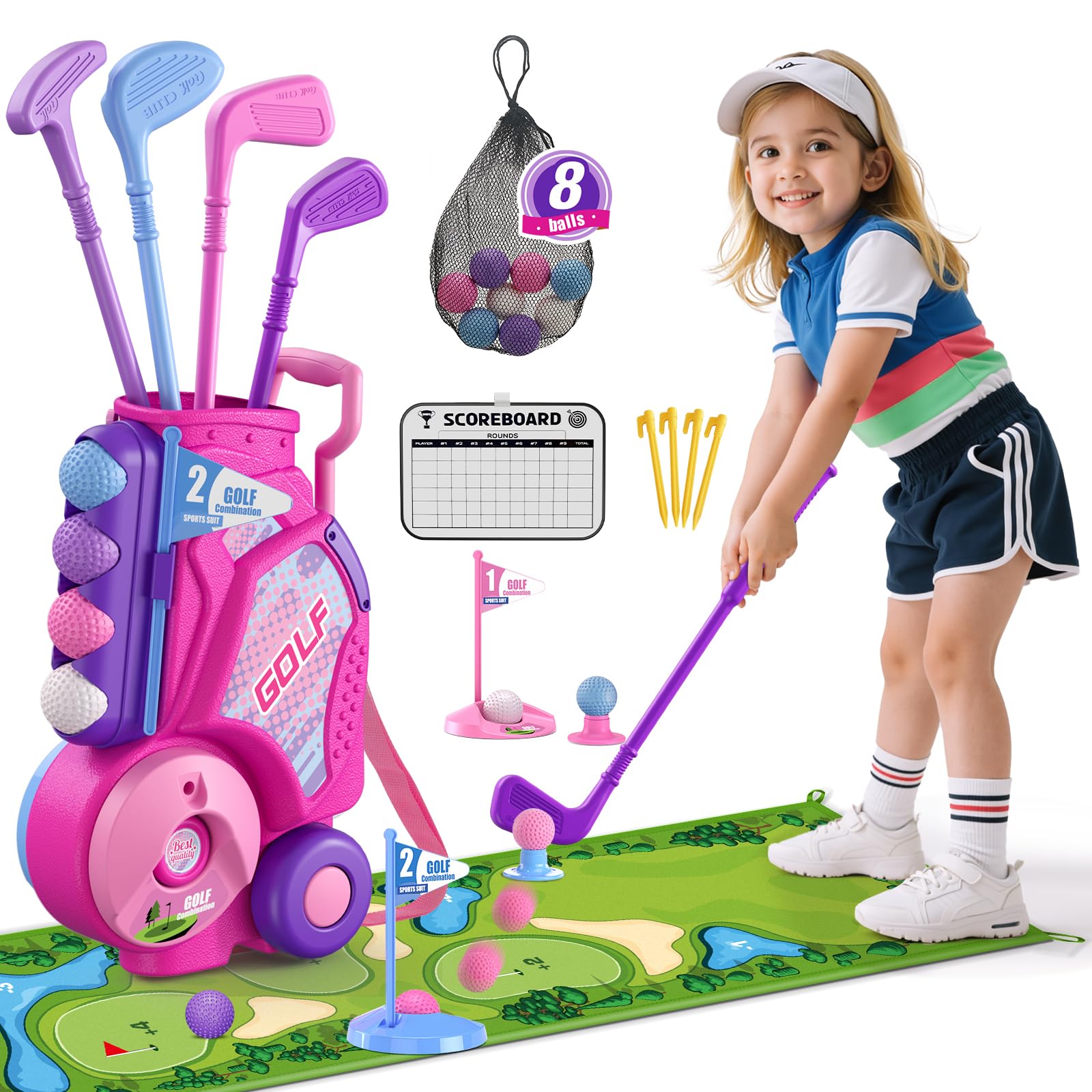HYES Toddler Golf Set with golf cart promotes active play and easy transport.