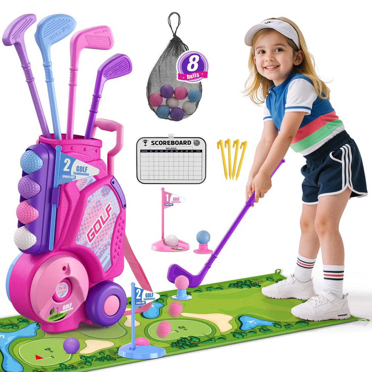 HYES Toddler Golf Set with golf cart promotes active play and easy transport.