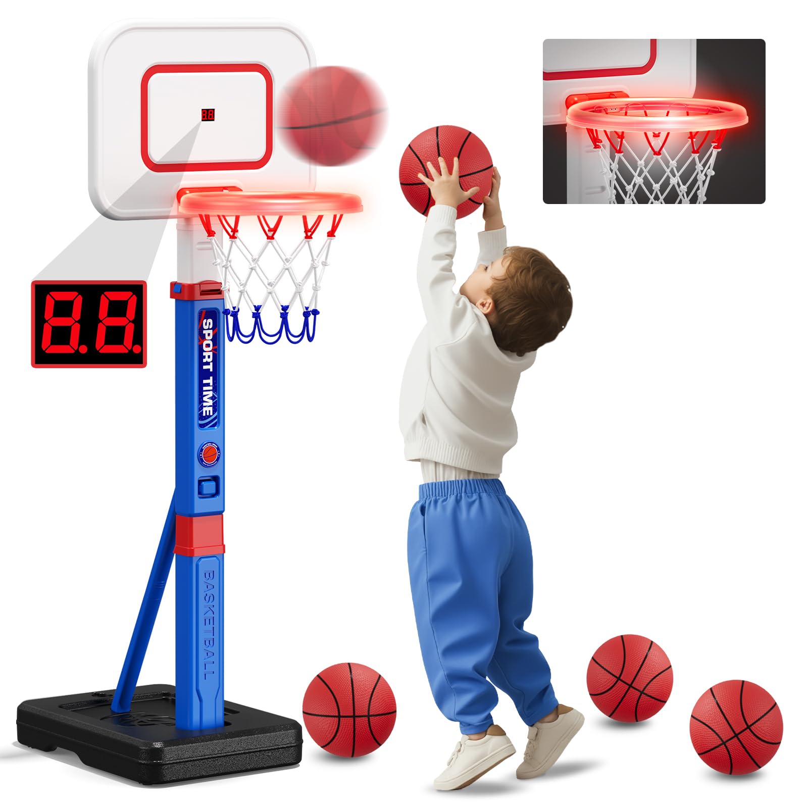 HYES toddler basketball hoop scoreboard display for real-time kid scores.