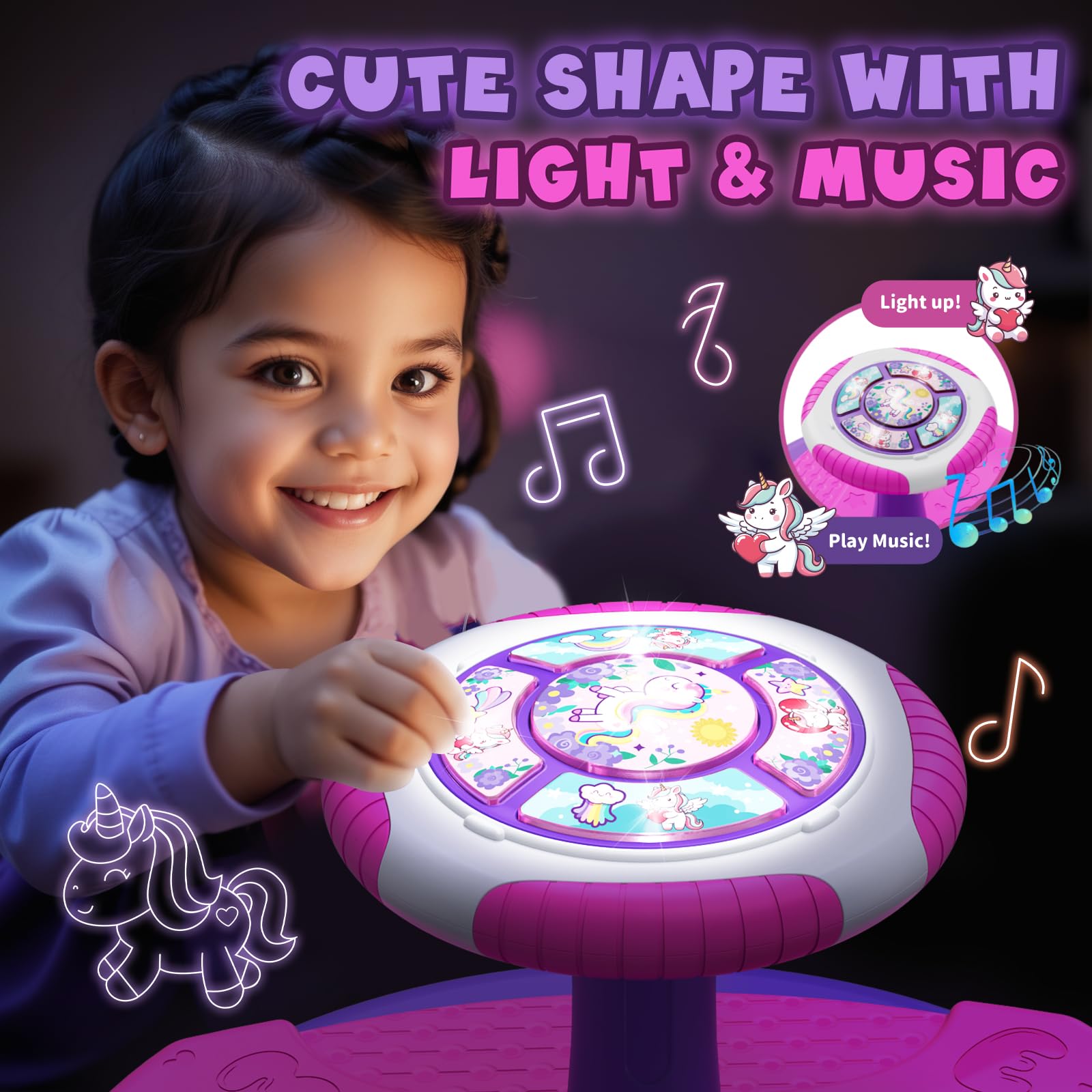 HYES Unicorn Sit and Spin highlighting four music modes to encourage rhythm.
