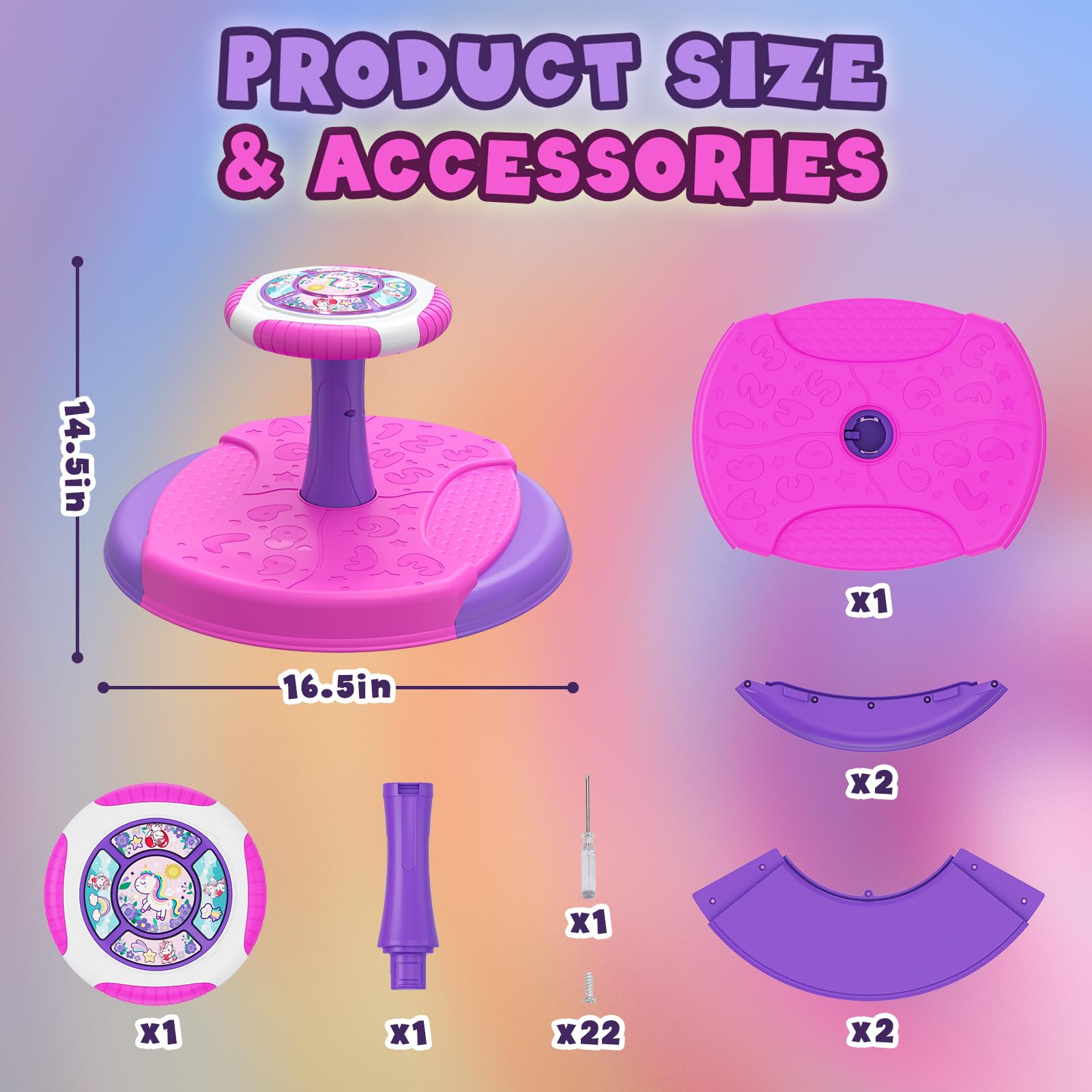 HYES Unicorn Sit and Spin usable on carpet and smooth floors for versatile play.