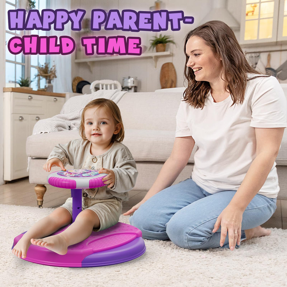 HYES Unicorn Sit and Spin supporting up to 55 lbs for growing toddlers.