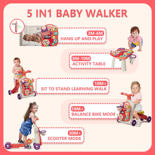 HYES Upgraded 5-in-1 walker side view highlighting adjustable play stages