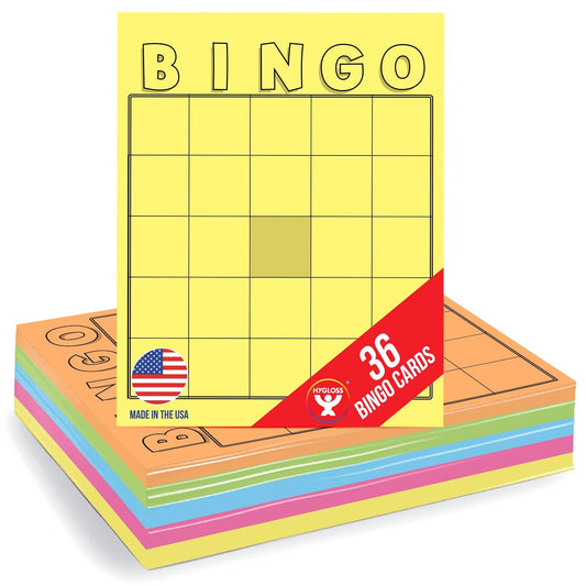 Hygloss blank bingo cards pack multicolor large size for classrooms and events.