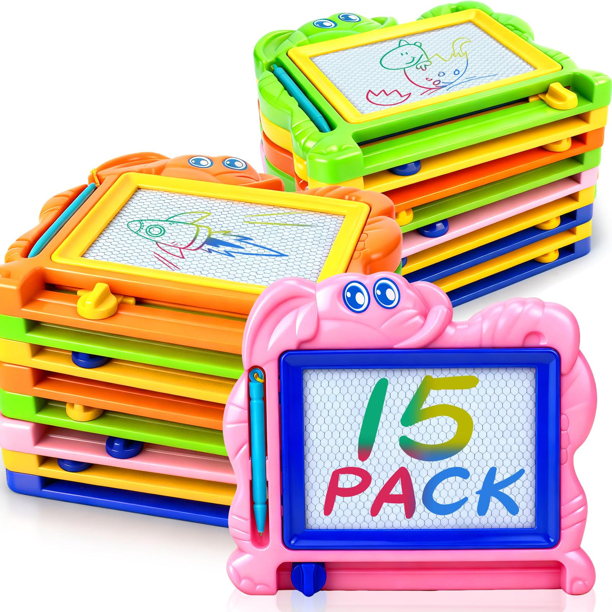 Hymaz 15-pack magnetic drawing board—colorful doodles for travel play.