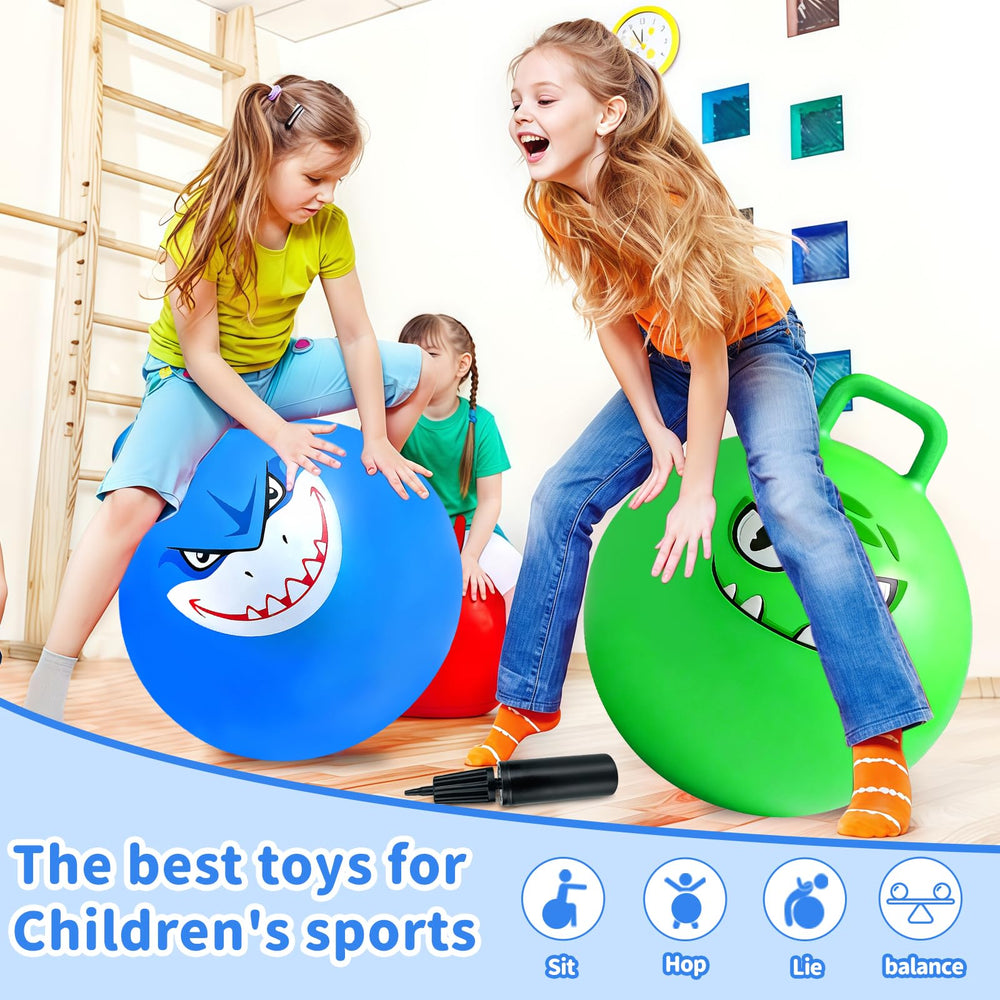 Hymaz hop ball for kids with colorful patterns encourages imaginative hopping.