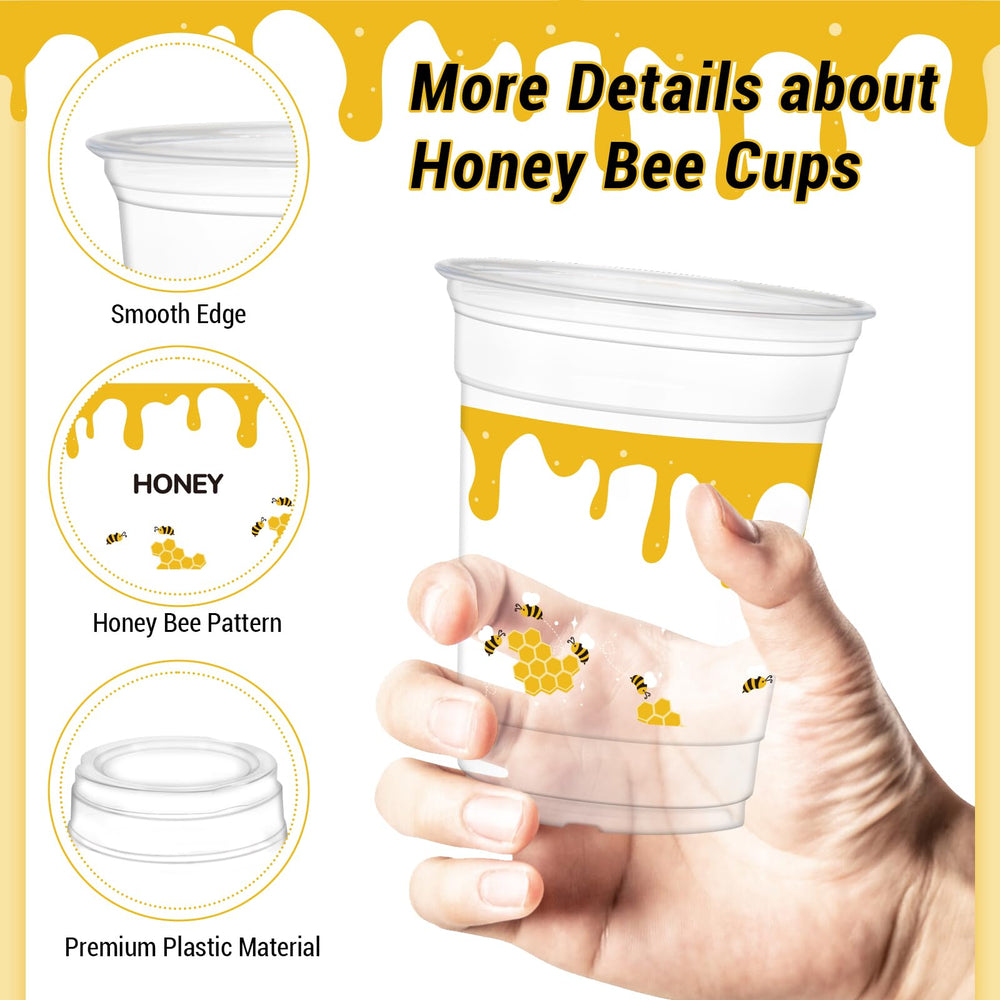 HYMENEX bee-themed party cups, clear design ideal for juice and water