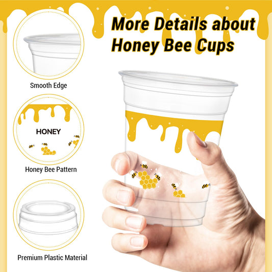 HYMENEX bee-themed party cups, clear design ideal for juice and water