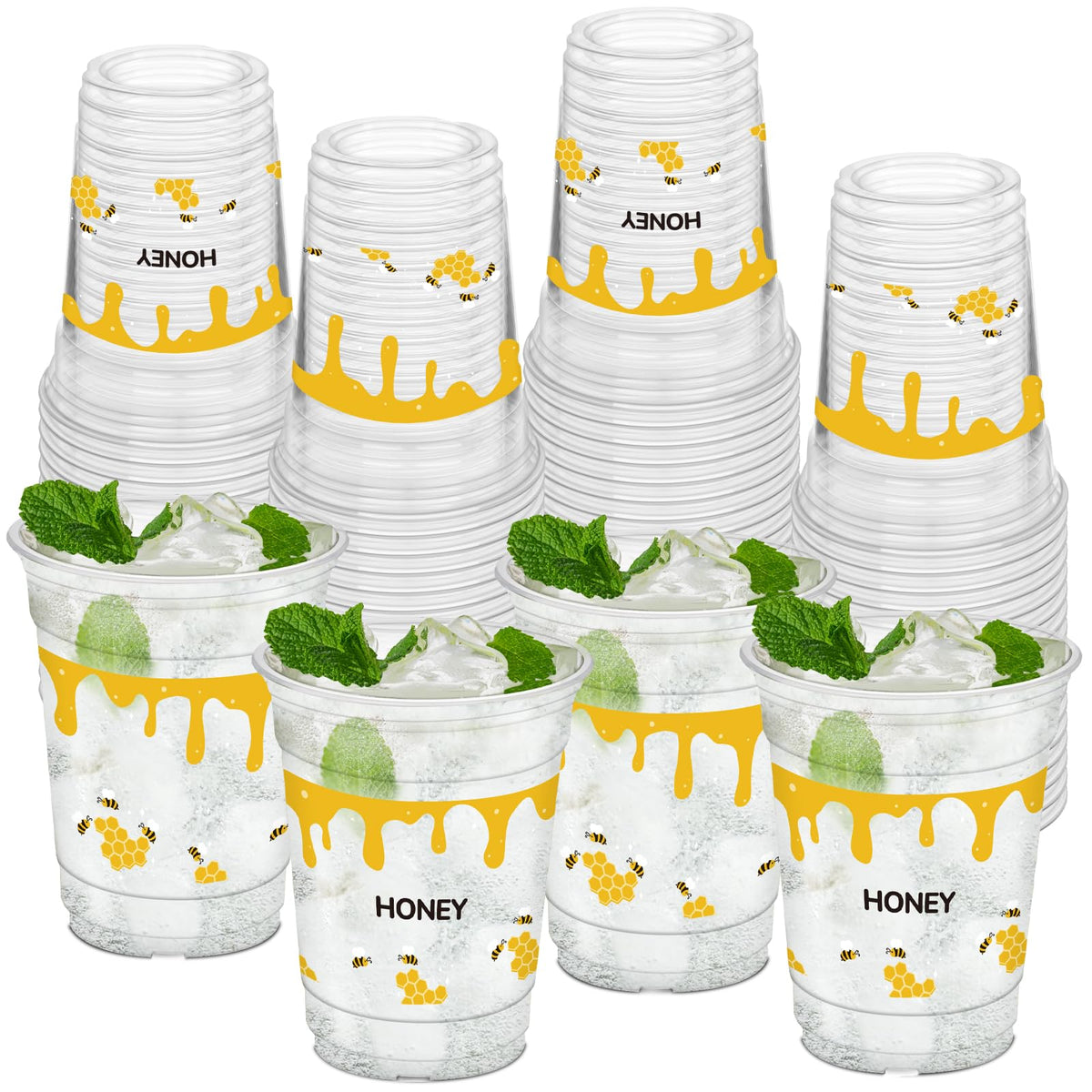 HYMENEX honey bee cups 12oz, clear plastic for everyday party drinks