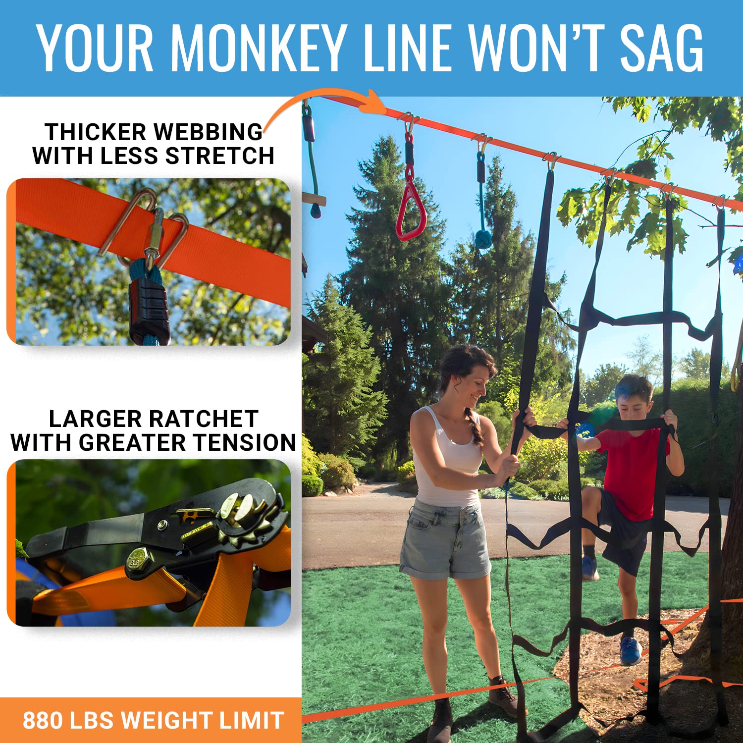 Hyponix Sporting Ninja obstacle slackline-assembly enables quick backyard configurability.