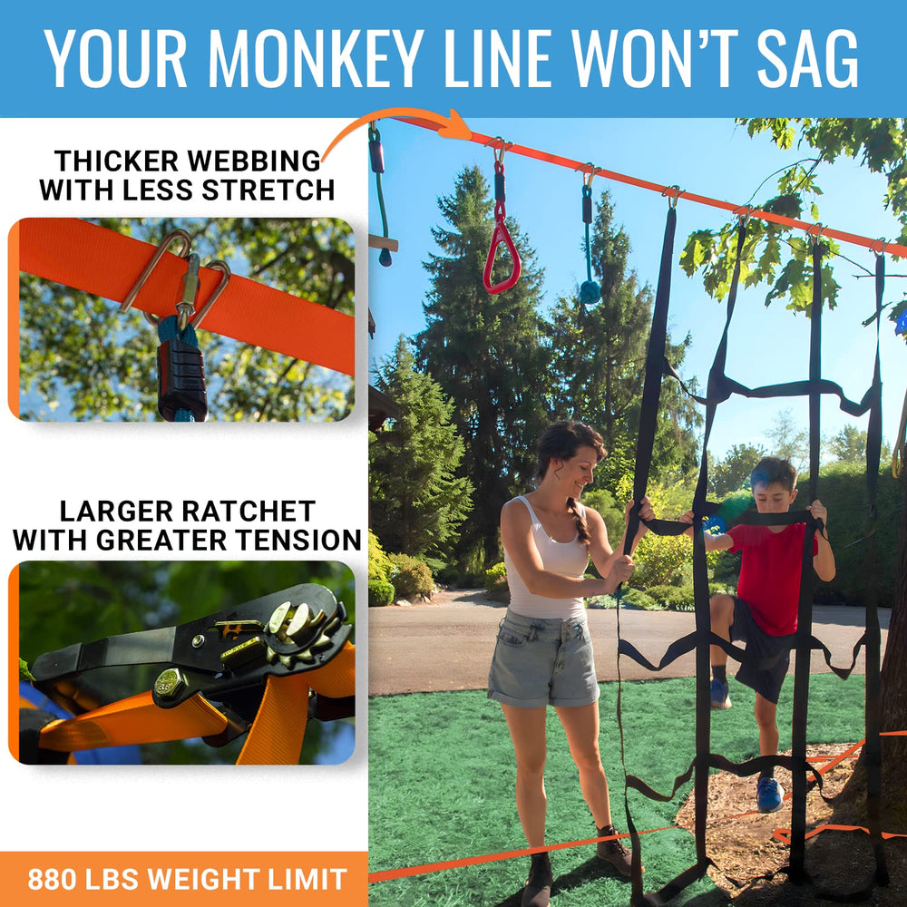 Hyponix Sporting Ninja obstacle slackline-assembly enables quick backyard configurability.